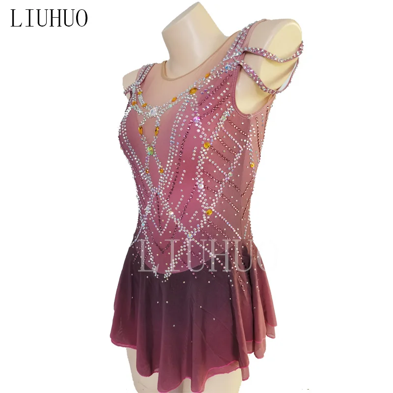 LIUHUO Figure Skating Dress Gorgeous Retro Pink Girl Mesh Skirt Competition Performance Training