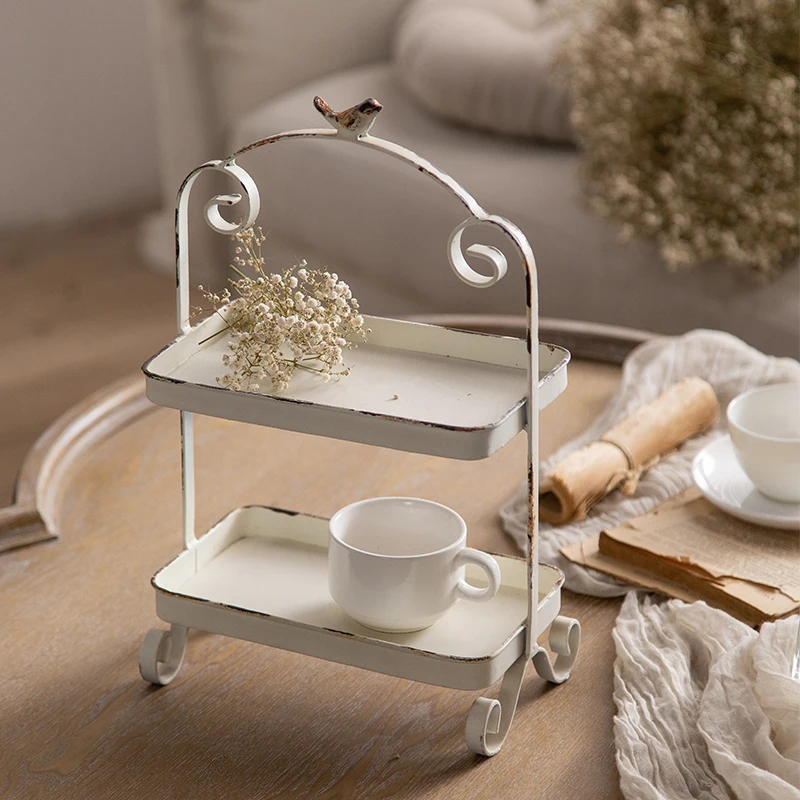

Hot selling retro wrought iron white double-layer fruit cake tray, kitchen storage shelf
