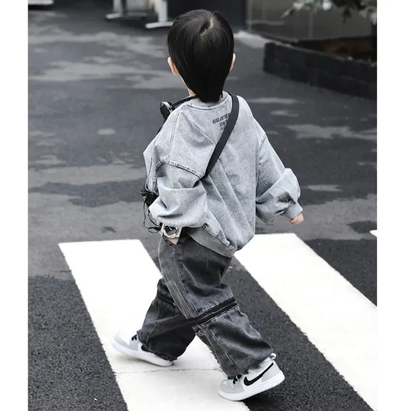 Boys' Summer Autumn Sweatshirt Jeans Two-piece Sets Korean Style Streetwear Personalized Washable Old Round Neck Cowboy Pant Set