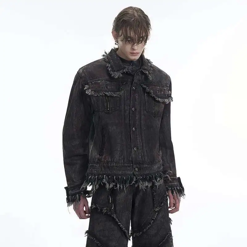 LUZHEN 2025 Wornout Burr Edge تصميم مرقع فضفاض مستقيم واسع الساق جينز رجالي موضة الشارع الأصلي الدنيم سترة LZ8607