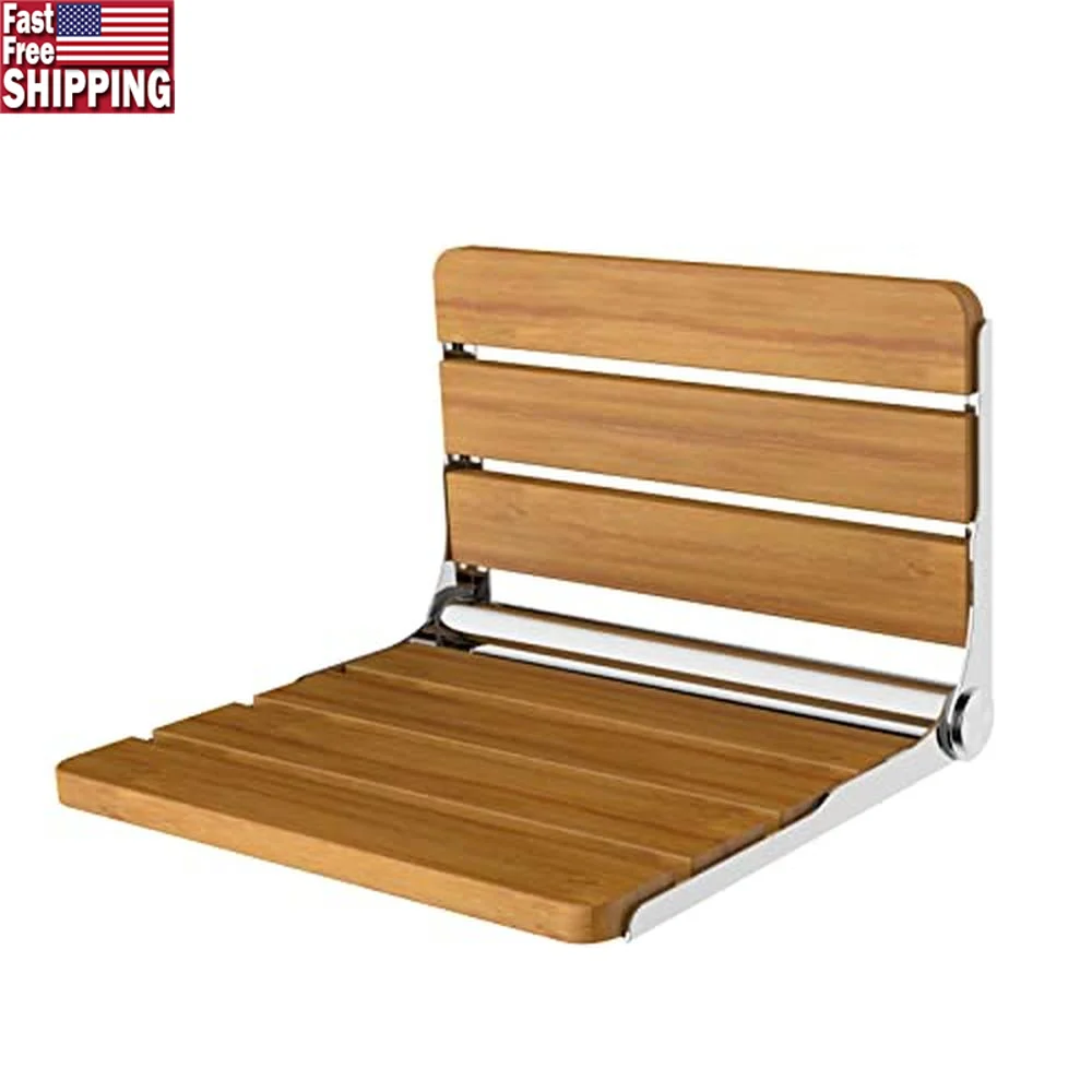 Fold Down Shower Bench Wall Mounted Teak Wood Seat Durable Waterproof Non-Slip Safe Installation Small Spaces 440lb Capacity