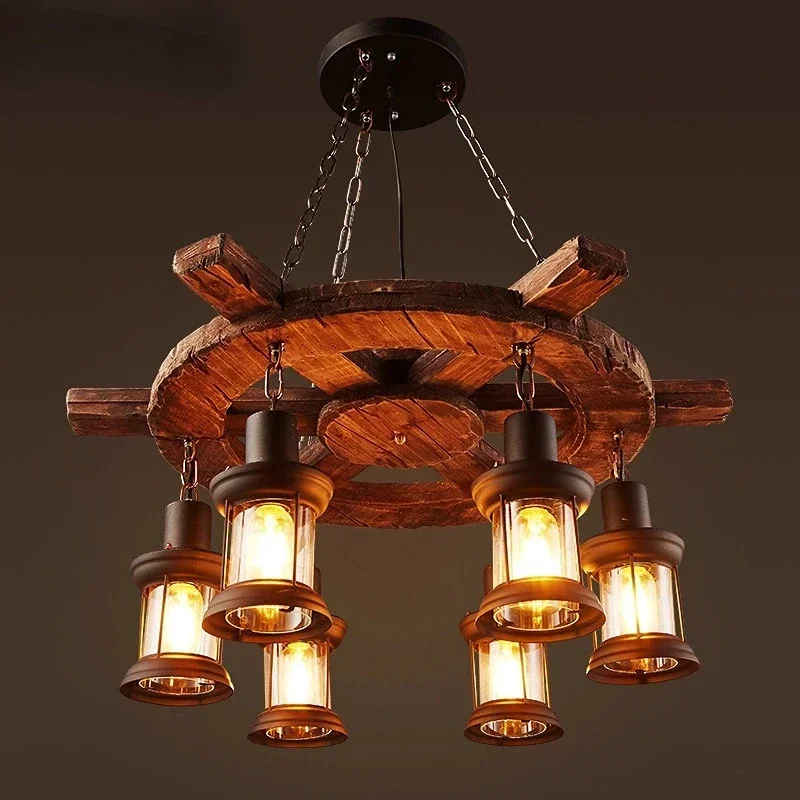 

Vintage Solid Wood Iron Wooden Chandelier Lighting Suspensio Coffee Bedroom Loft Kitchen Island Decor Pendant Lamp