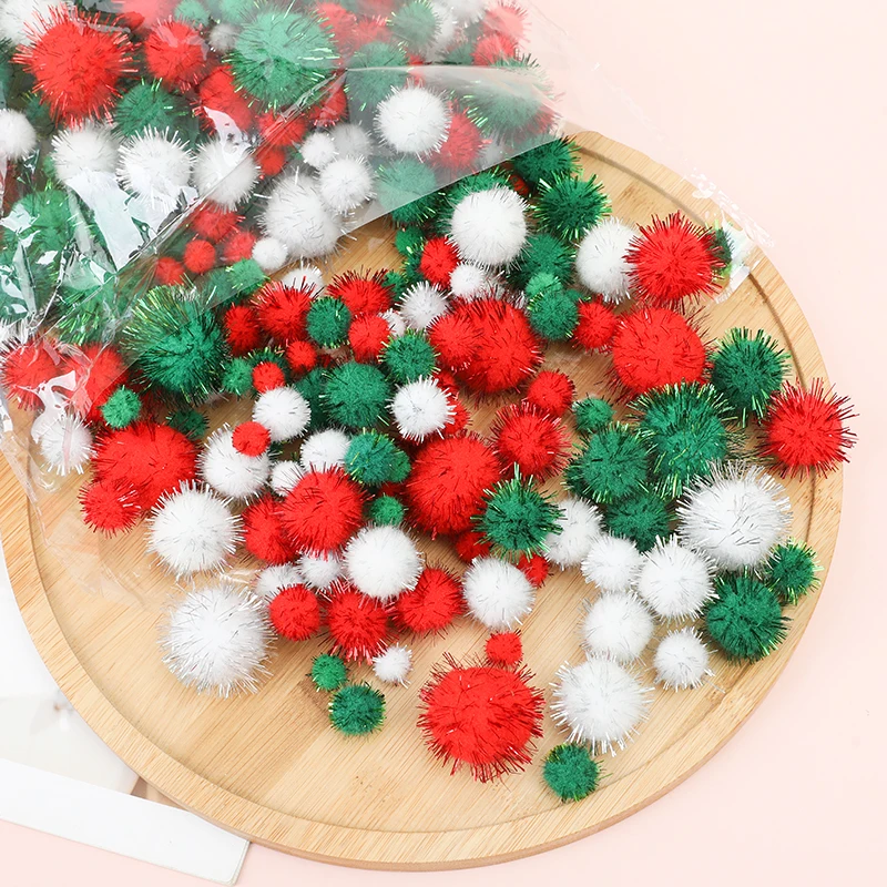 

50-100pcs Christmas Glitter Pompom Hairball White Red Green Flash Plush Ball Handmade DIY Crafts Christmas Home Party Decoration