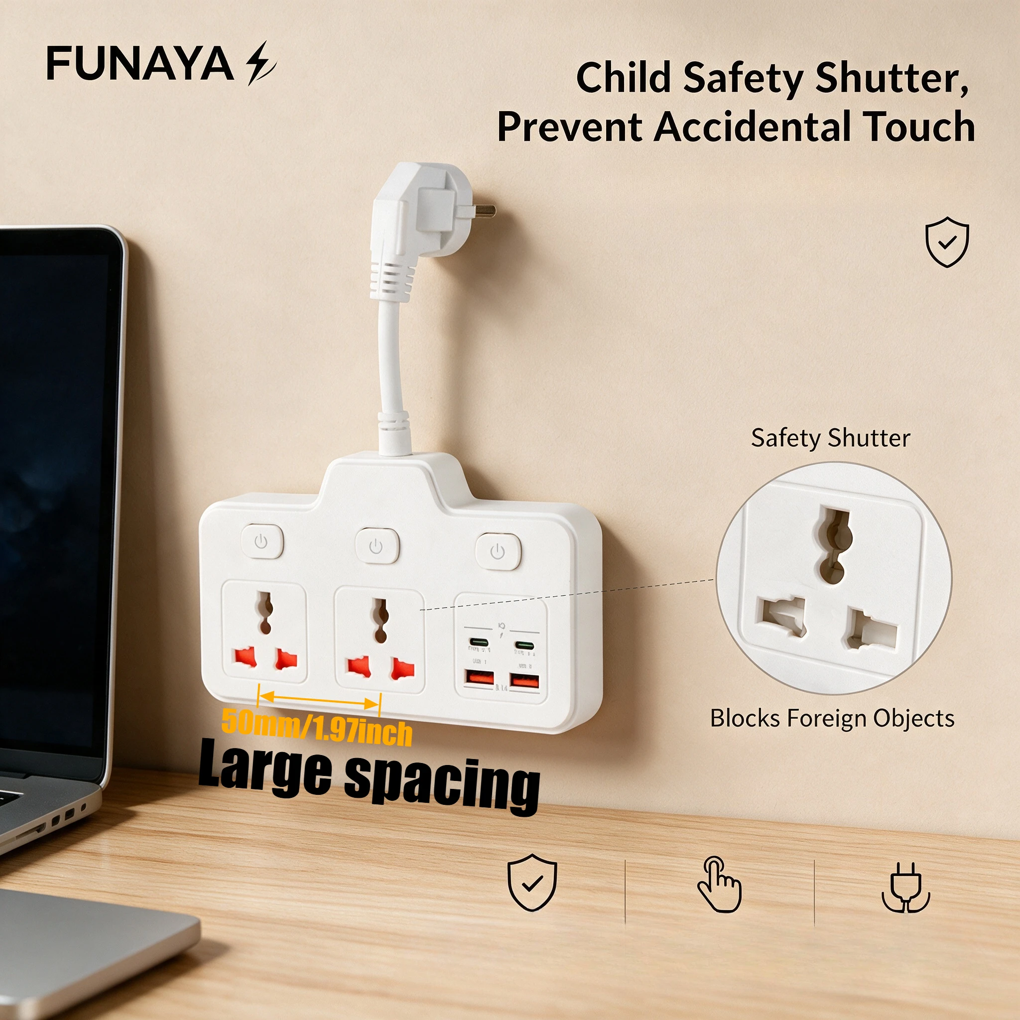 FUNAYA Universal Wall Mounted Socket with USB A C EU US AU UK JAPAN Multi Plug Household Extension Cord Portable Travel Outlets