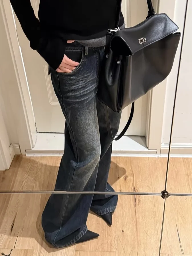 

Low Waist Straight Leg Blue Jeans Women's Loose Fit Casual Pants American Retro Sle Commute Faion Autumn New Arrival