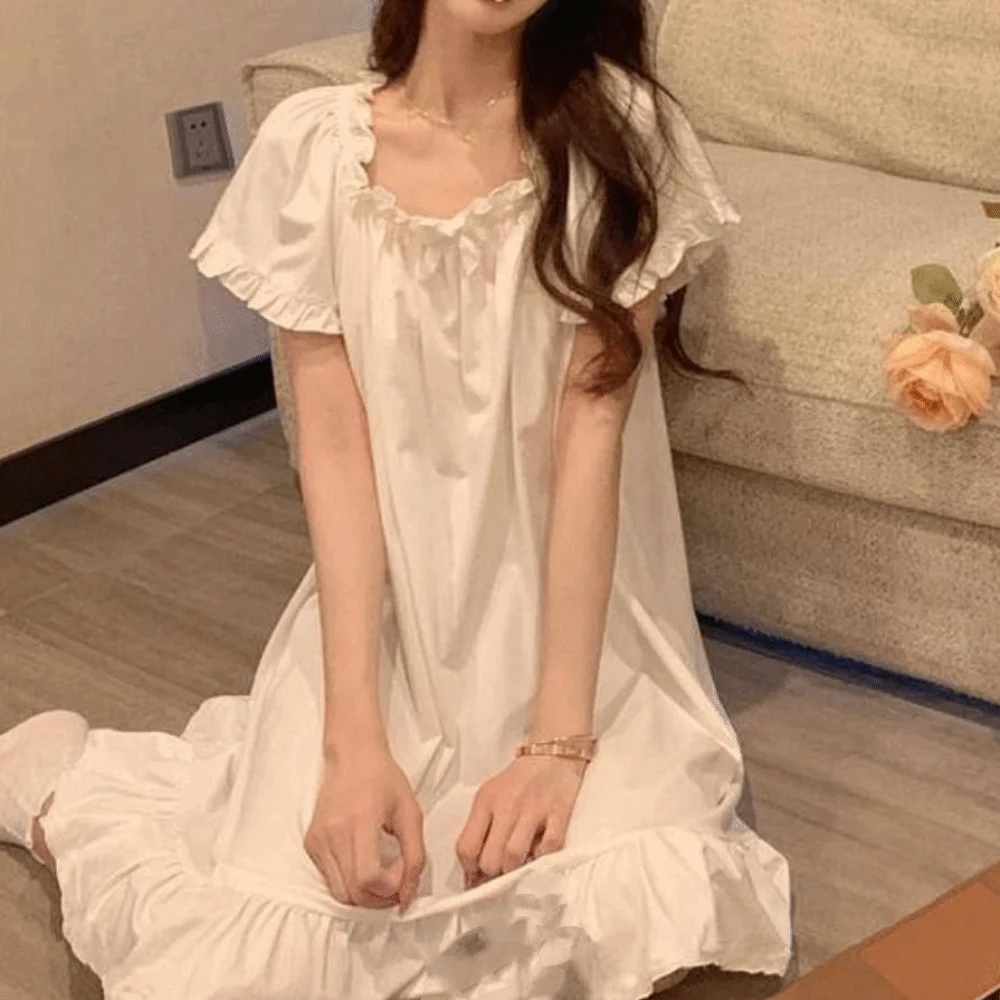 

Fashion Bowknot Women's Pajama Dress Short Sleeve Home Wear Ruffle Nightdress Sleepwear Loose Princess Nightgown Female