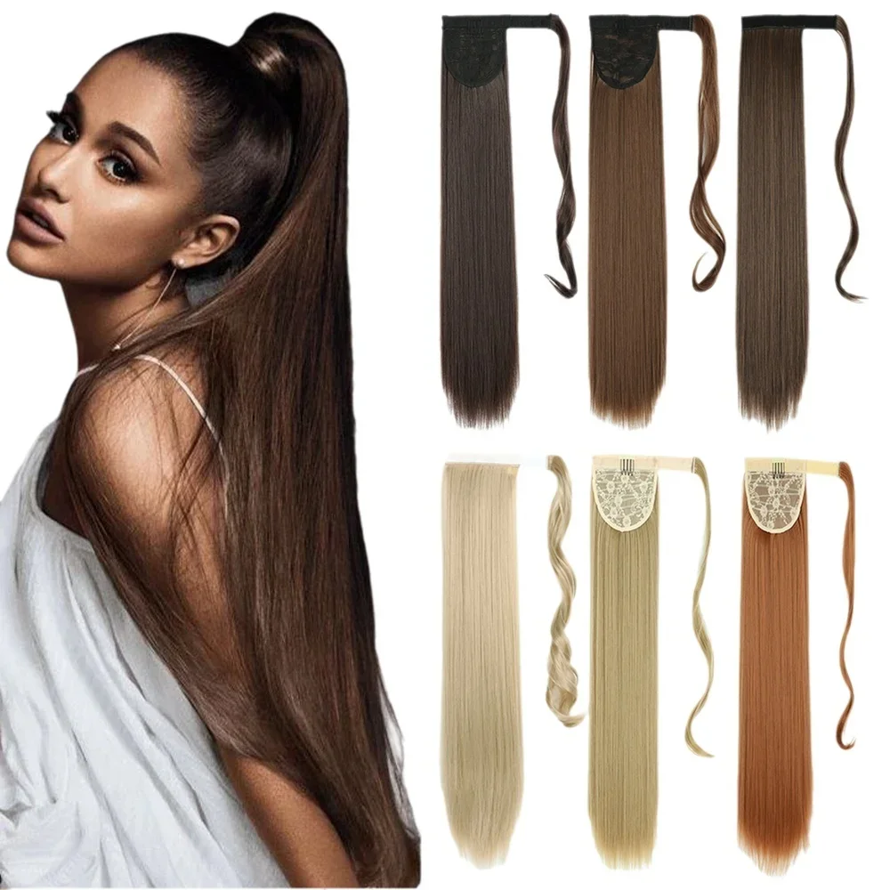Synthetic Ponytail Hair Extension Straight Wrap Around Hairpiece Claw Clip in Long Hair Extensions Magic Drawstring Wraps