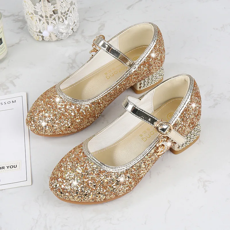 Girls Spring Autumn Low-Heel Sequin Mary Jane Shoes Soft-Soled PU Leather Shoes Kids Non-Slip School Stage Shoes Children Party