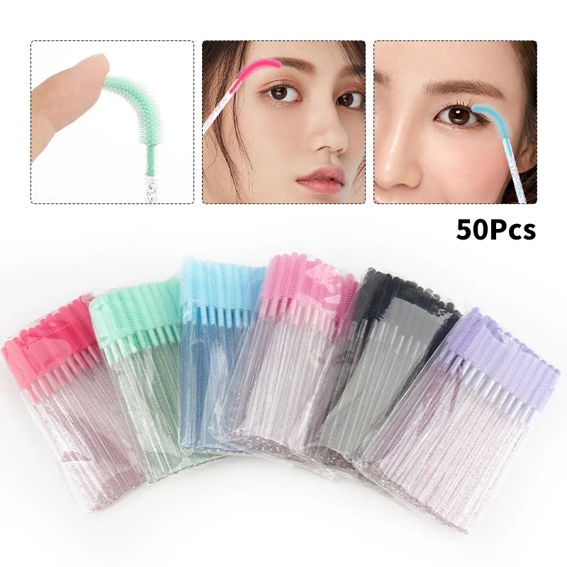 50Pcs Disposable Crystal Eyelash Brushes Soft Silicone Mascara Wands For Eye Lash Extension Eyebrow And Beauty Makeup Tools