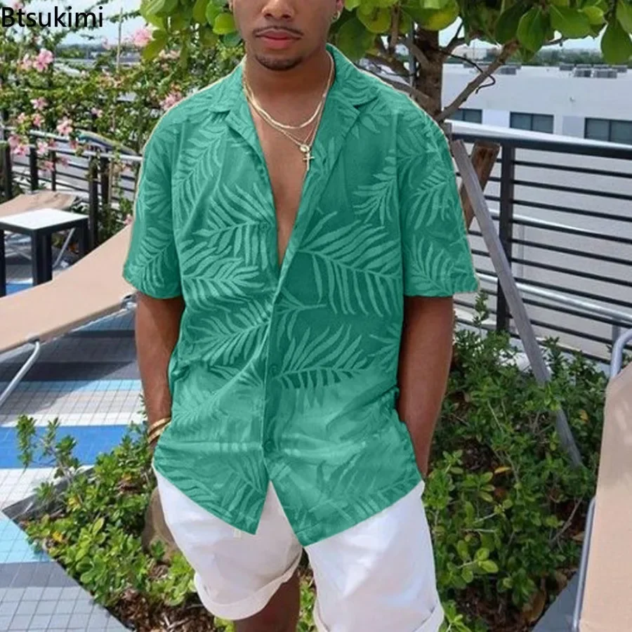 2025 moda nueva camisa informal holgada con estampado de hojas para hombre, cárdigan de manga corta con botones, Tops, ropa de calle de tendencia para hombre