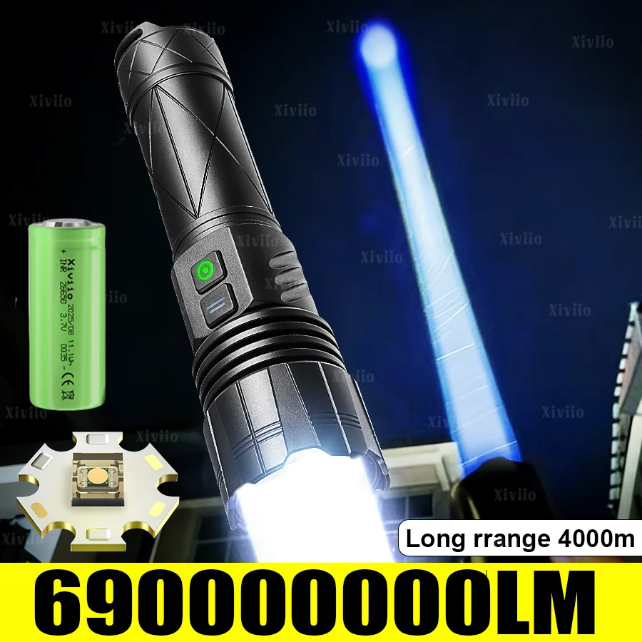 

Суперяркий светодиодный фонарь 600 Вт, мощный фонарик 69000000 лм, перезаряжаемый, на аккумуляторе 18650, дальность освещения 4 км, для охоты