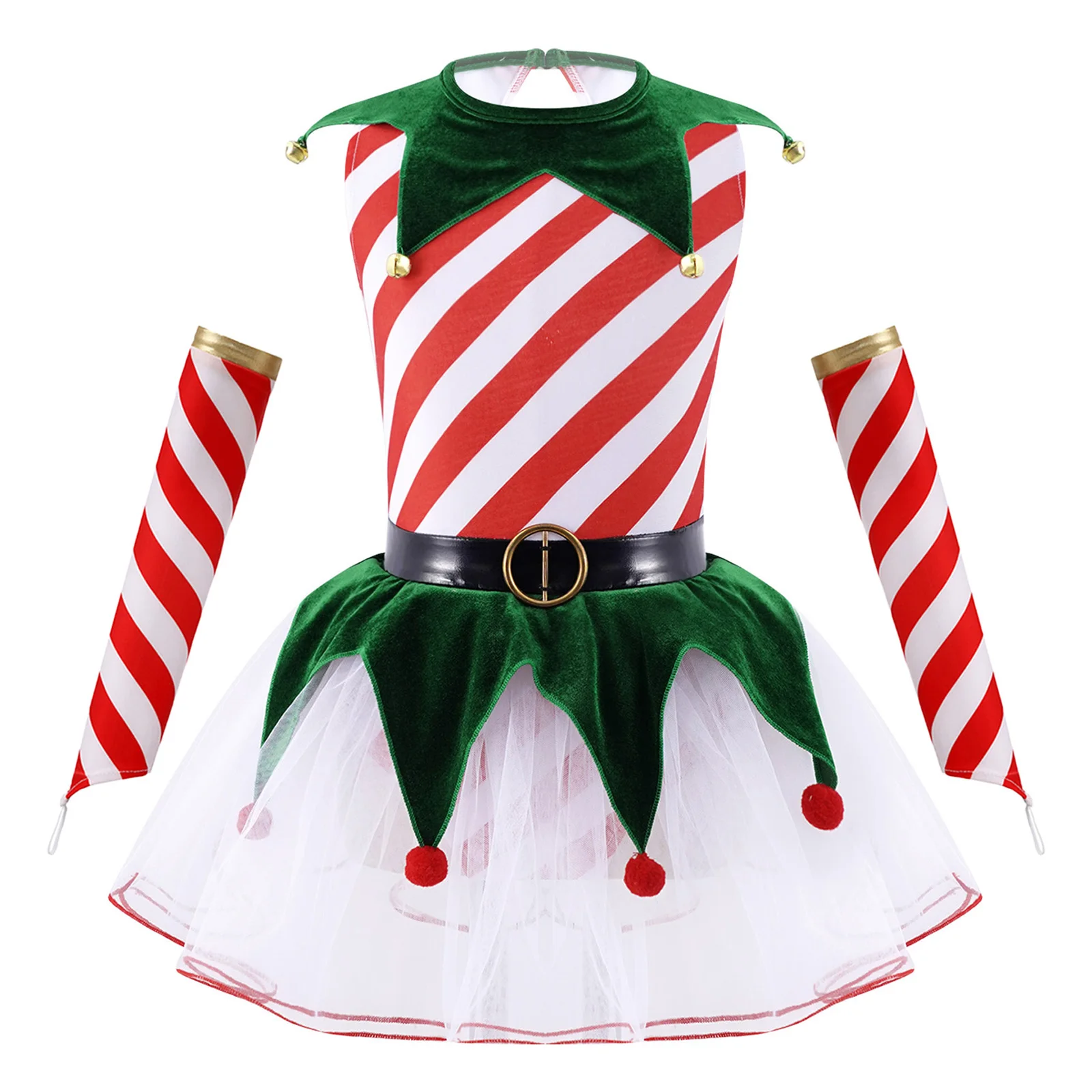 الفتيات عيد الميلاد السيدة سانتا كلوز قزم زي قصب الحلوى شريط شبكة الباليه الرقص توتو فستان الشكل التزلج يوتار مع الأكمام #3