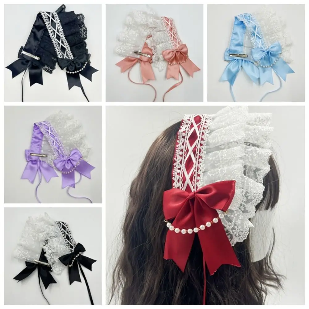 

Cute Sweet Lolita Lace Headband Pearl Ribbon Bow Ruffled Hairband JK Kawaii Maid Cosplay Headdress Masquerade Headpiece