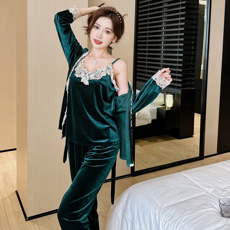 Pyjamas Women Clothes Winter Velvet Pajama Set Lace Sexy Sleepwear Pjs  Ladies Long Sleeve Shirts+Pants Pijama Velour Loungewear - AliExpress  200574005