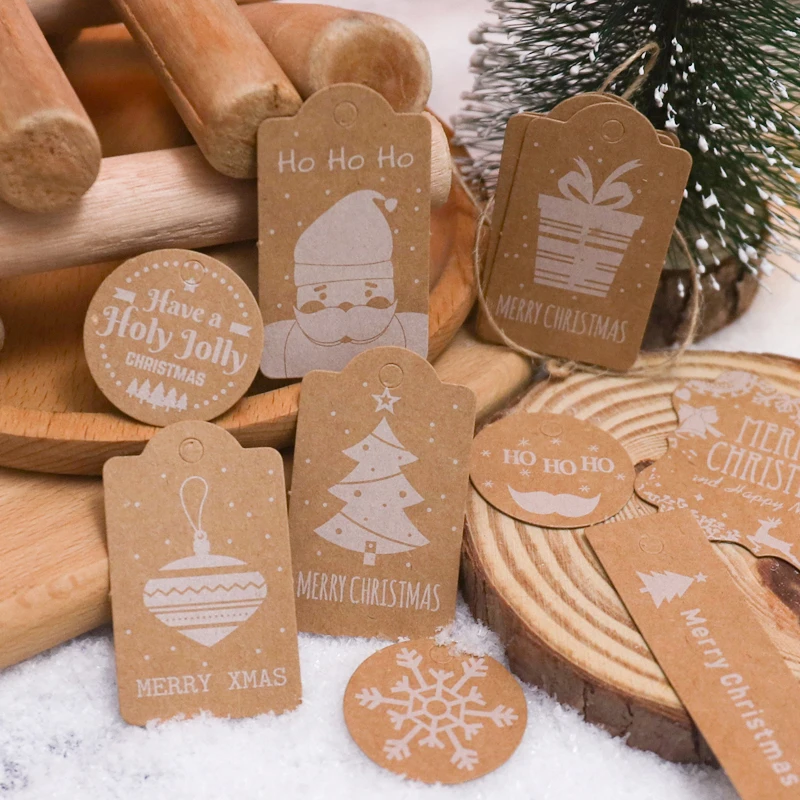 50Pcs Kraft Paper Card Gift Label Tag Xmas Tree Hanging Tag Snowflake Santa Claus Wrapper Tags Party Christmas Happy DIY Decor