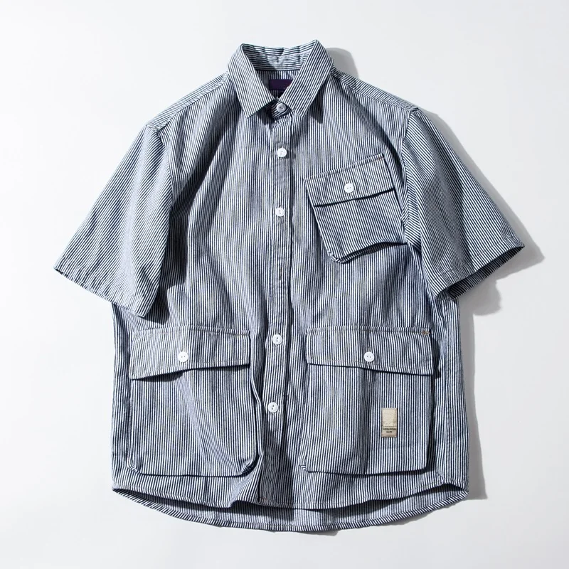 

Retro Japanese Style Men's Casual Shirt Oxford Fabric Striped Short Sleeve Multi-Pocket Workwear Loose Fit Summer Shirt