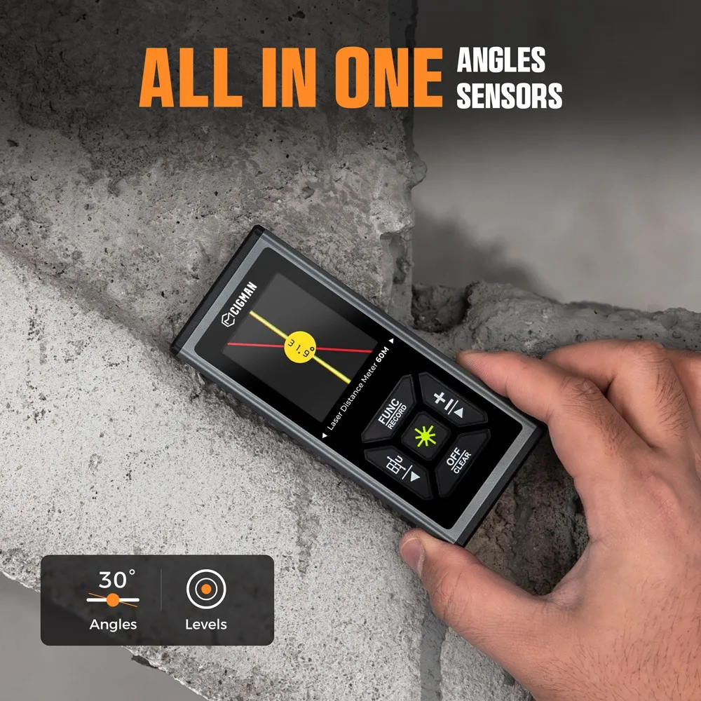 CIGMAN CD-60G 393ft/120M قياس ليزر أخضر ثنائي، مع وحدات متعددة Ft/in/M، بطارية 850 مللي أمبير قابلة لإعادة الشحن