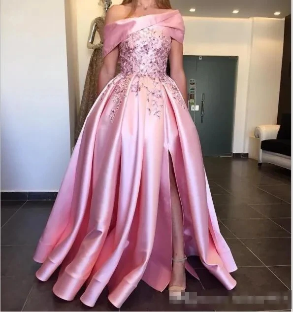 Modest Pink Satin Prom Dresses Pockets Off The Shoulder Side Slit Embroidery Appliqued A Line Floor Length Formal Evening Gowns