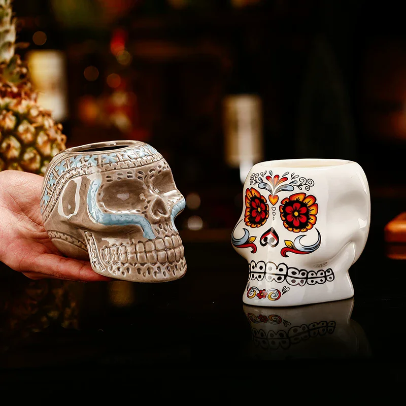 

Drinking Glasses,Tattoo Skull Tiki Cocktail Glass,Flower Face Creative Cocktail Glasses,Ceramic Wineglass,Hawaii Bar Accessories