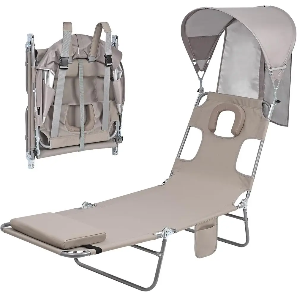

Backpack Beach Tanning Chair with Sun Shade & ace Hole, 6 Position olding Lounge Sun Chair or Adults Outside Reading Suthing Poo