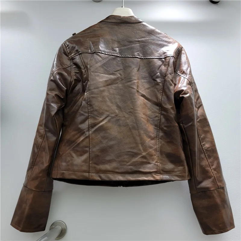 Fashion Multi-Row Button Decoration Slim Short Faux Pu Leather Jacket Women Stand Collar Long Sleeve Thicken Warm Biker Jacket
