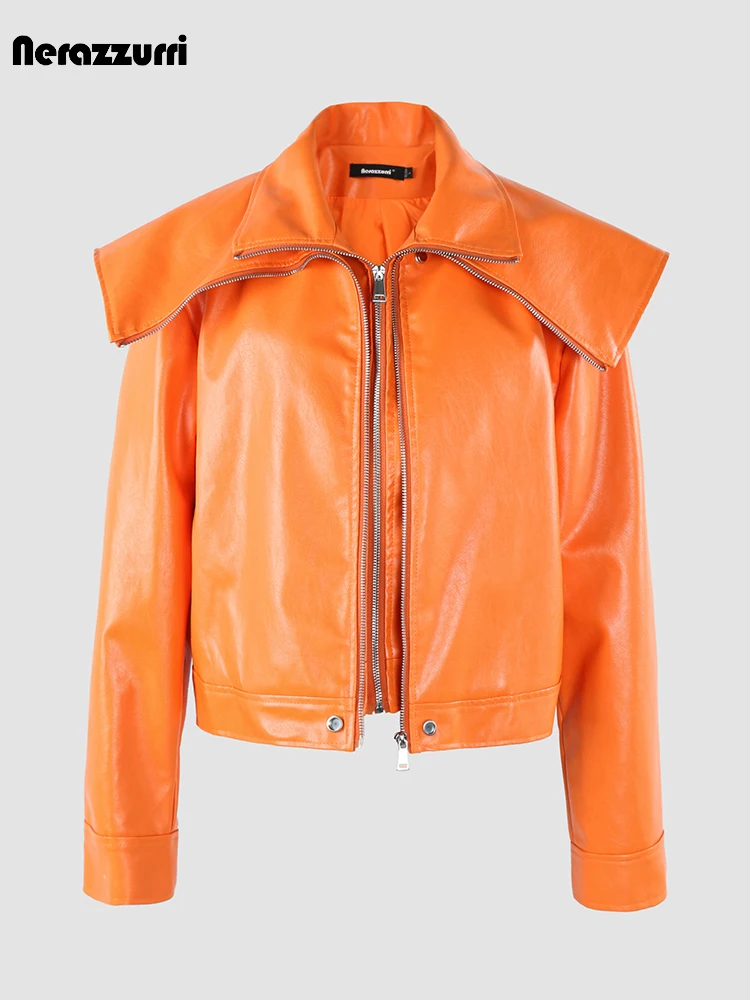 Nerazzurri-Blouson de Luxe en Cuir PU pour Femme, Vintage, Orange, Noir, Fermeture Éclair, Vêtement Unisexe, Automne 2023