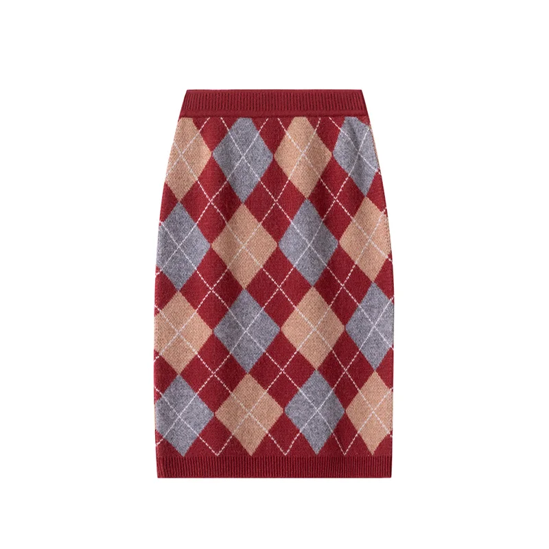 

100% Merino Wool Women's Plaid Skirt British Sheath Skirt Autumn and Winter Fashion Knitted Lozenge Check Slim Dress