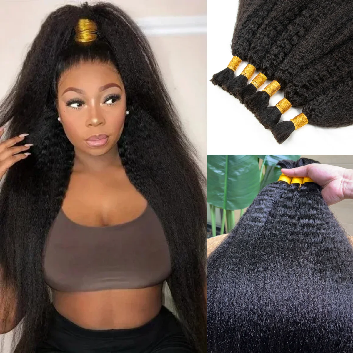 Kinky Straight Bulk Hair For Braiding Natural Color 100% Unprocessed Human Hair Extensions No Weft Yaki Straight Hair Bulk