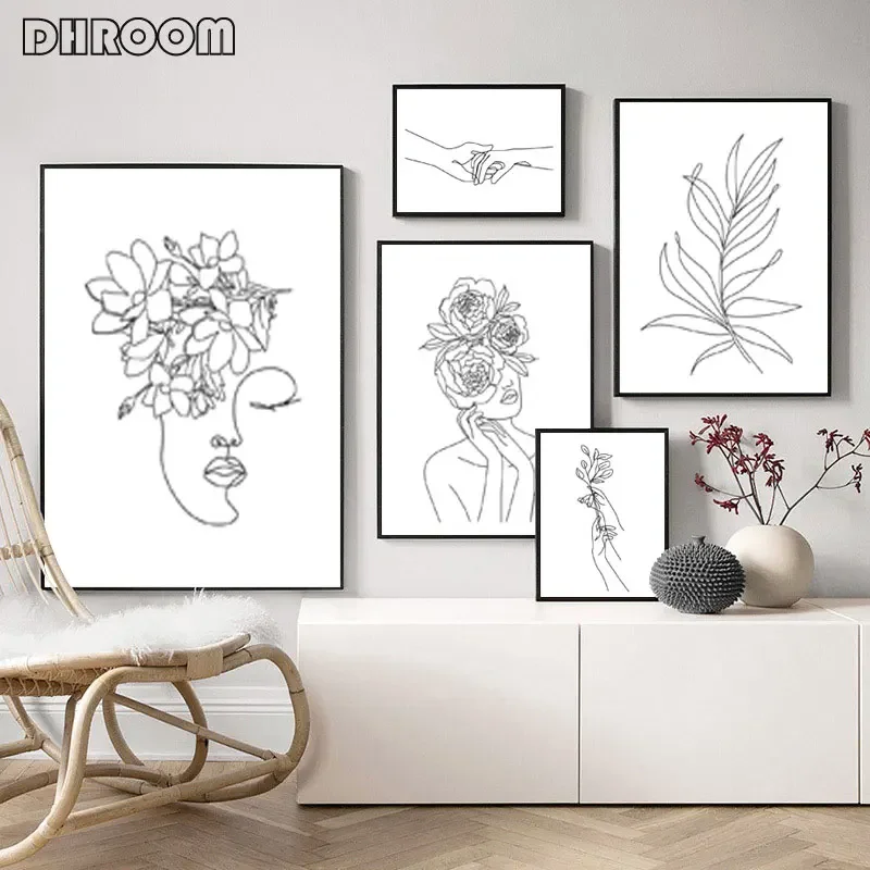 

Female Line Art Black and White Prints Gallery Wall Minimalist Canvas Painting Flower Head Wall Art Poster Picture Bedroom Decor