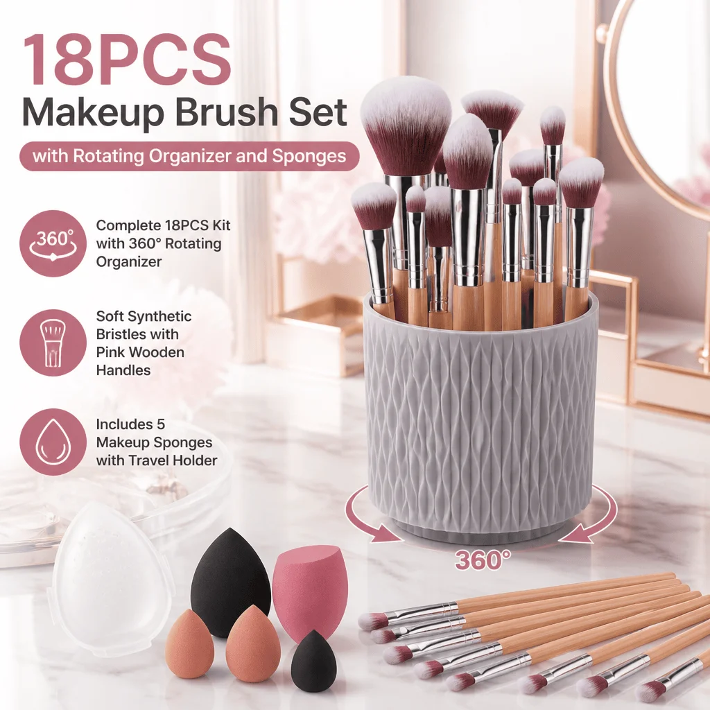 18Pcs Makeup Brushes Set With 360° Rotating Organizer Holder, Professional Foundation Eyeshadow Cosmetic Brush Kit, Beginner