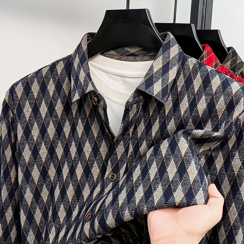High end Men's long sleeve shirt European trendy checkered jacquard autumn new brushed technology comfortable casual luxury top