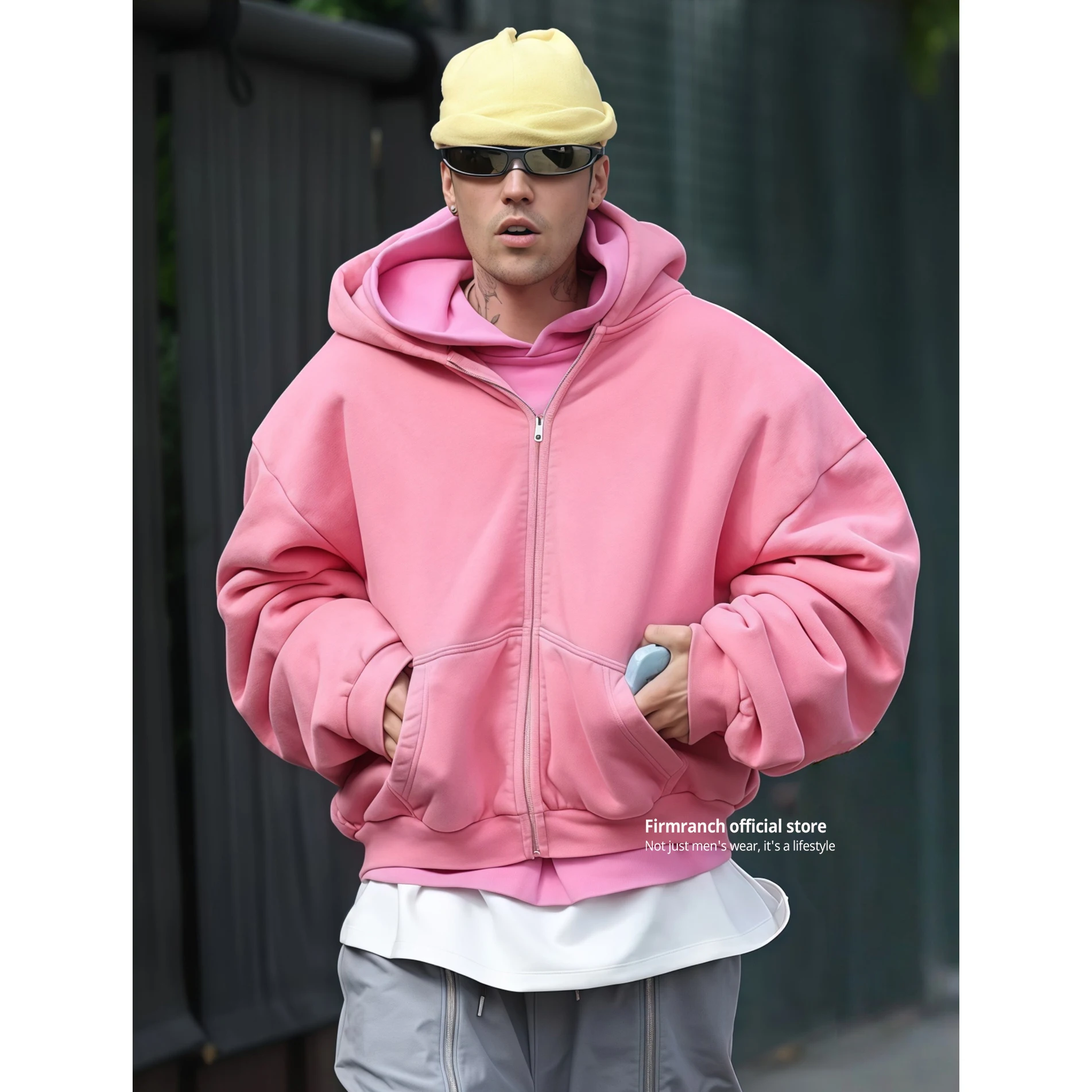 Firmranch American Streetwear Embroidered Pink/Blue Solid Color Casual Loose Zipper Hooded Sweatshirt For Men Women Hoodies