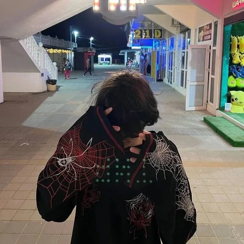 Camiseta gótica negra de calle de manga larga Y2k para mujer, camiseta con capucha a la moda, Harajuku de araña, ajustada, informal, para ir al trabajo, diseño americano