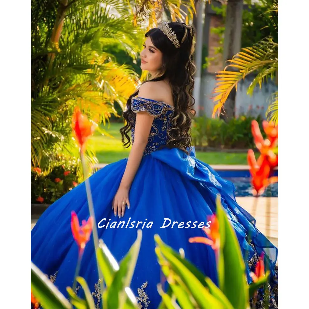 Azul Royal Beading cristal arco vestido Quinceanera, vestido de baile, fora do ombro, ouro apliques espartilho