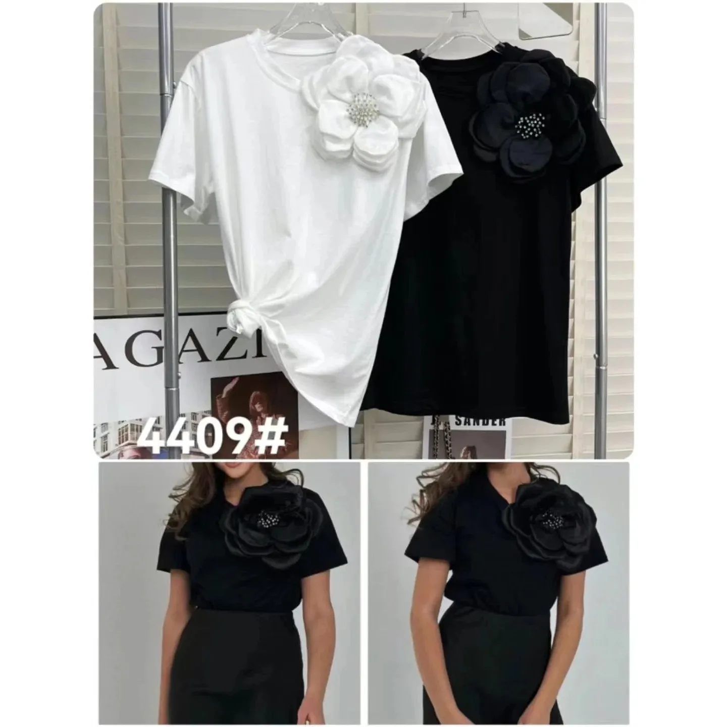 3d frisado flores ponto ort sve camiseta design dimensional senhoras faion ajuste confortável mistura de algodão topo