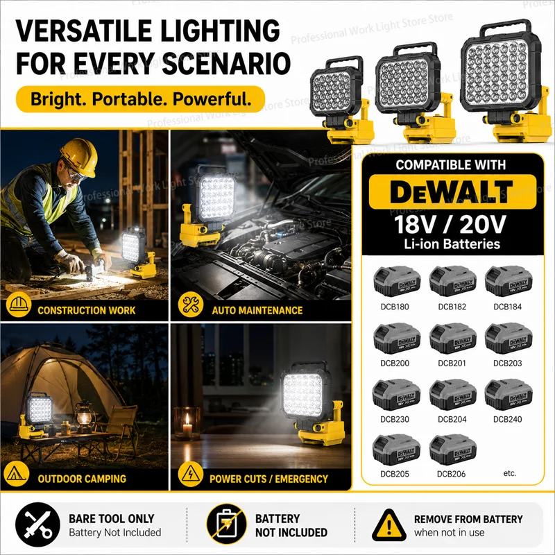 4/5/8Inch Led Light Portable Spotlights Cordless Outdoor Work Fishing Handheld Emergency Tool Light For Dewalt 18V Battery 6