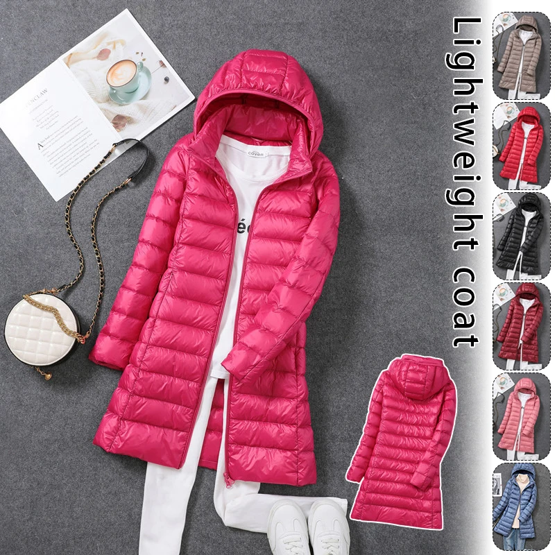 Winter Womens Down Jackets Long Ultra Light Thin Solid Color Casual Coat Puffer Jacket Slim Remove Hooded Parka Padded Clothes