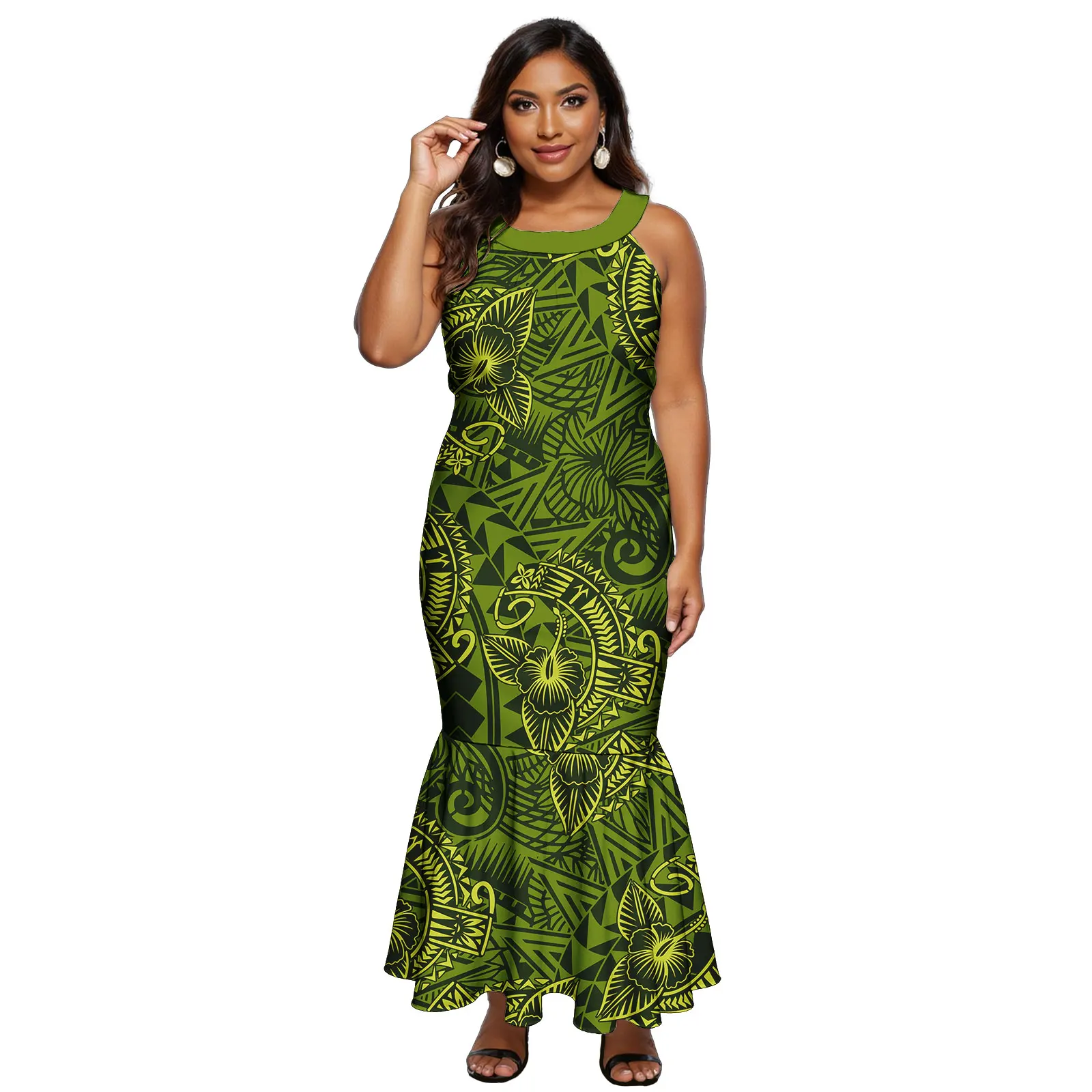 High Quality Hawaiian Ladies O-Neck Fishtail Dresses Sleeveless Samoan Dress Tribal Design Custom Tropical Pattern for Women's