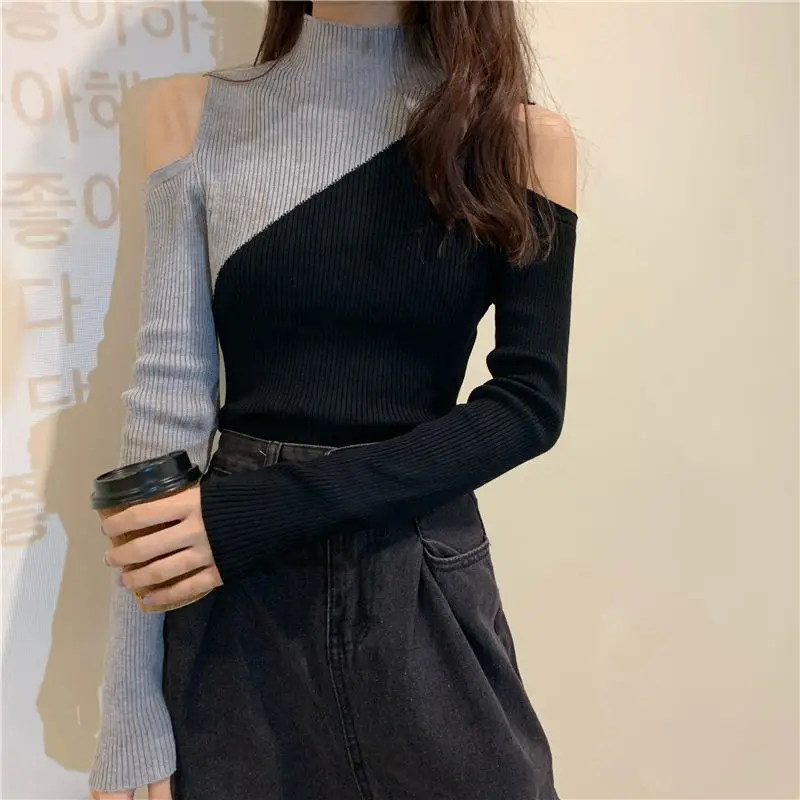 

Fashion Off Shoulder Pullovers Autumn Winter Contrasting Colors Spliced Women's Clothing Casual Half High Collar Knitted T-shirt