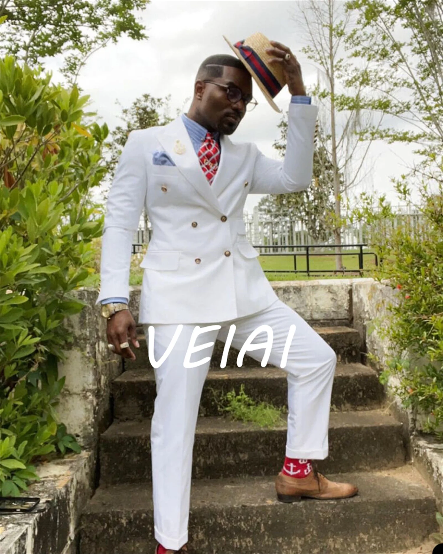 

CustomizedWhite Men Suits Slim Fit 2 Pieces Double Breasted Jackets Pants Wedding Business Coustime Homme Luxe