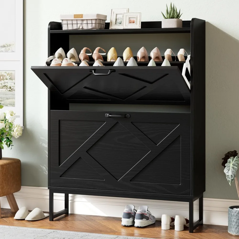 

Shoe Storage, Cabinet w/2 Flip Drawers, Freestanding Shoe Organizer, Shoes Cabinet with Metal Legs, Shoees Storage
