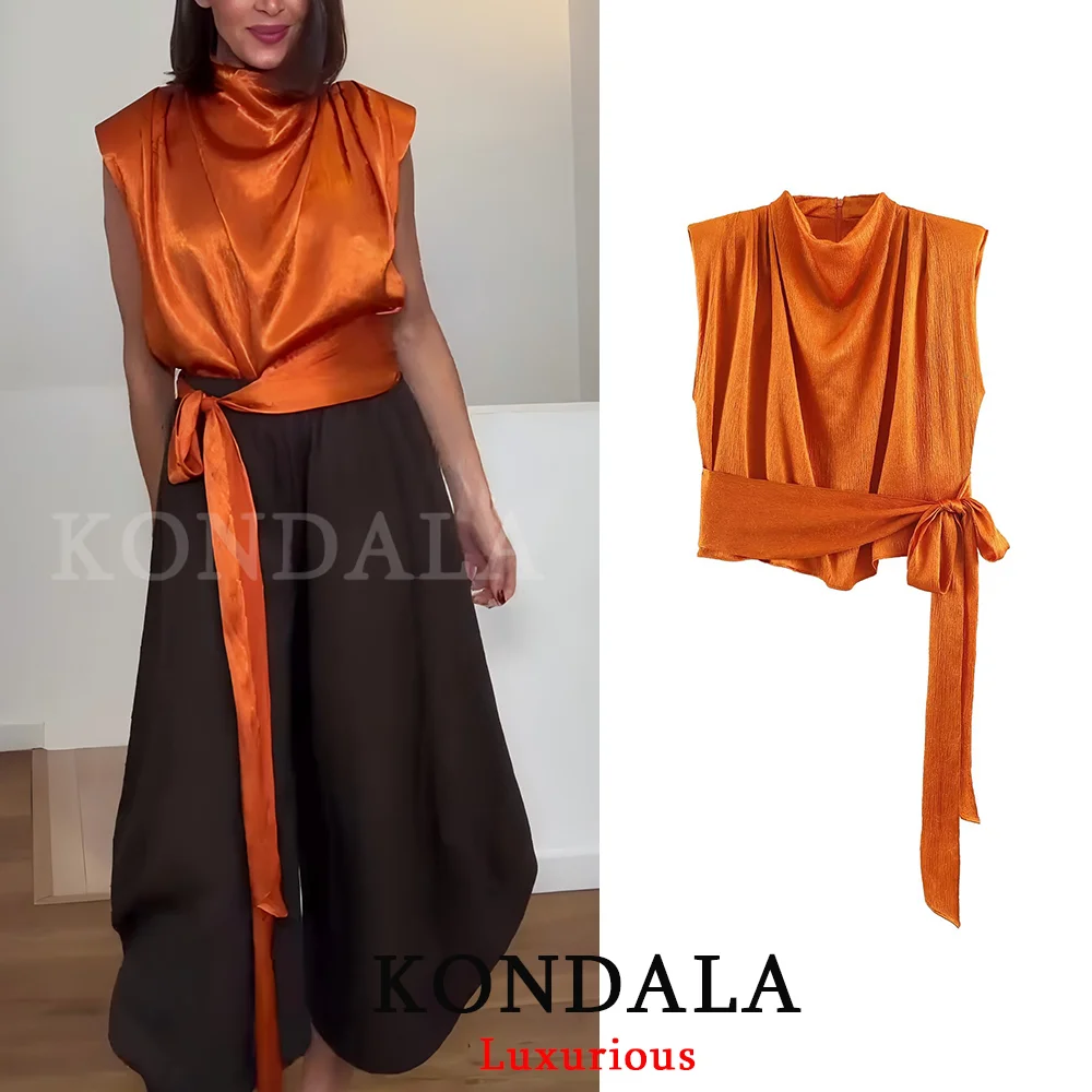 KONDALA Gilet Chic Décontracté pour Femme, Orange Uni, Col Montant, Sans Manches, avec Nœud et Fermeture Éclair, Tendance Printemps-Été 2026, Style Y2K