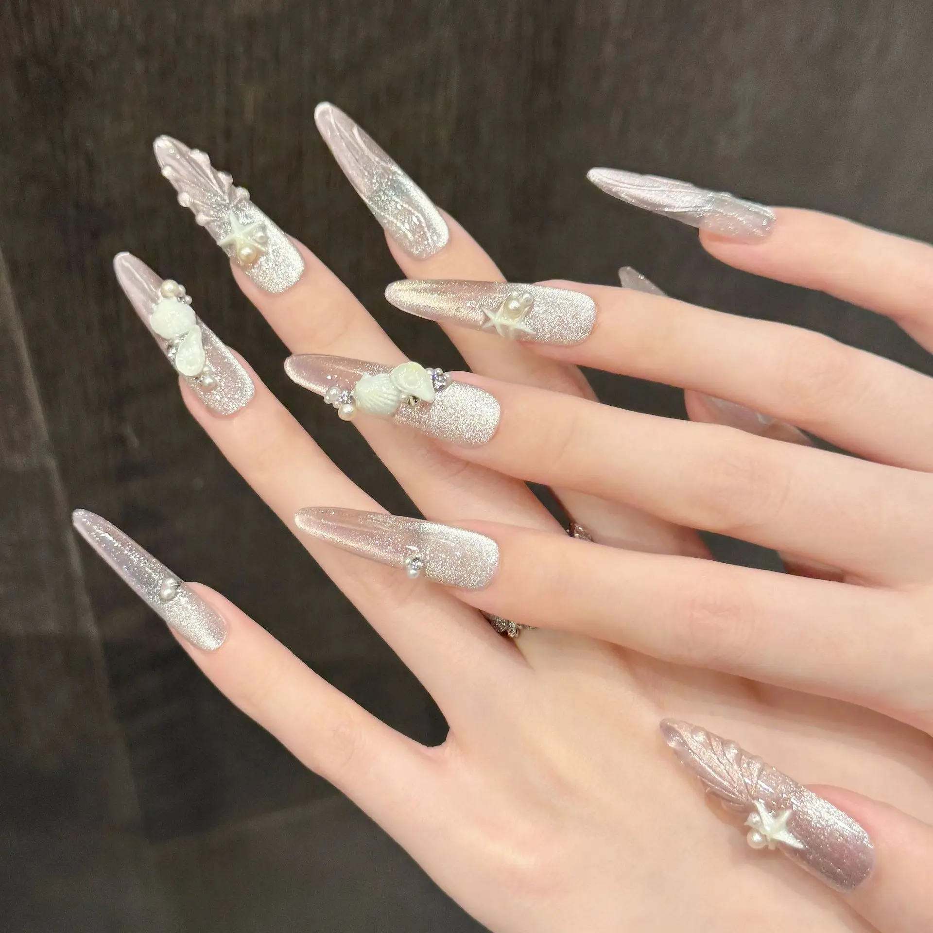 

10 шт., длинные балетные французские ногти ручной работы, блестящие кошачьи глаза, жемчужная ракушка, морская звезда, дизайн, накладные ногти, носимые советы по дизайну ногтей