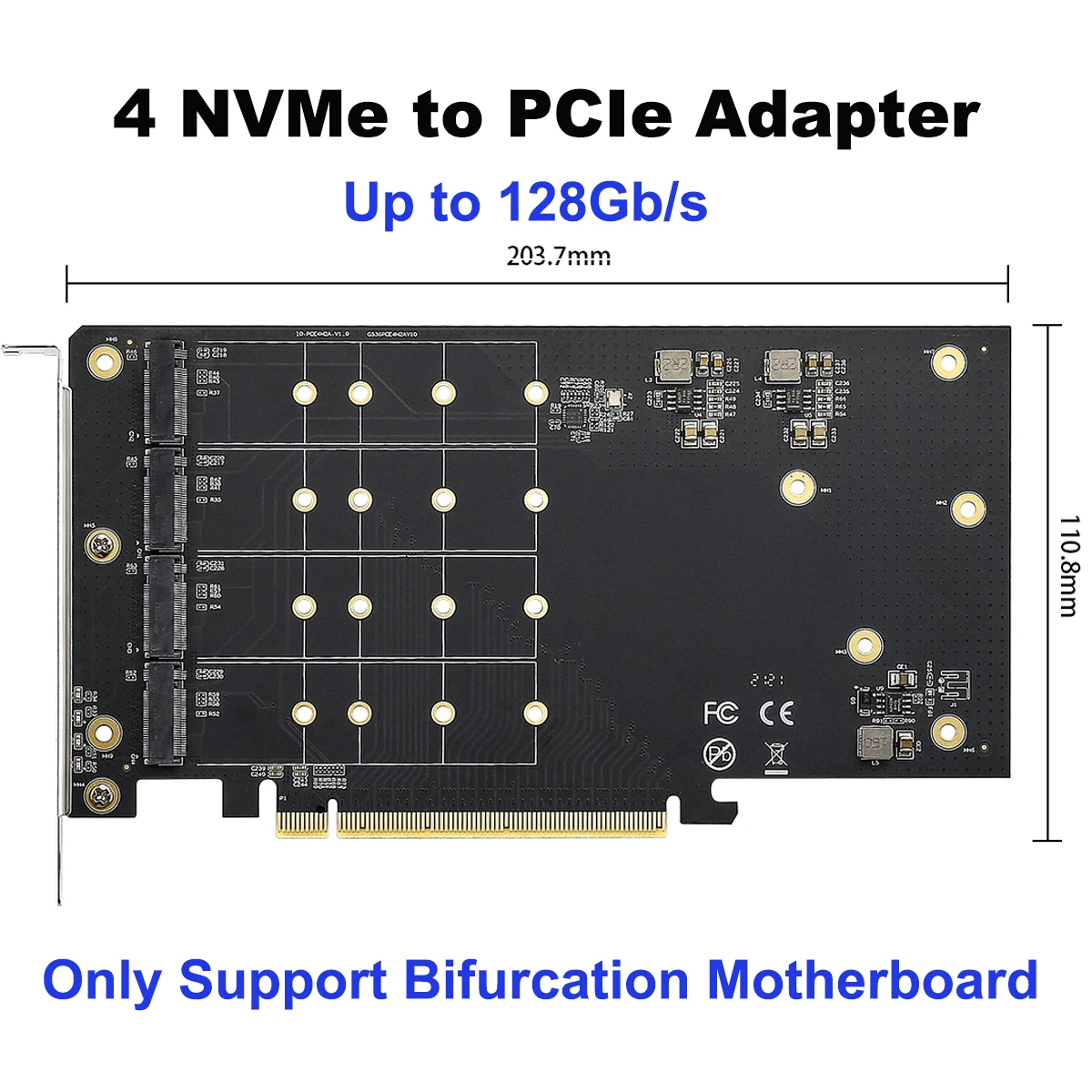 

4 SSD M.2 X16 PCIe 3.0 X4 Expansion Card with Heatsink Supports 4 NVMe M.2 2280 Up to 128Gbps Support Bifurcation Motherboard