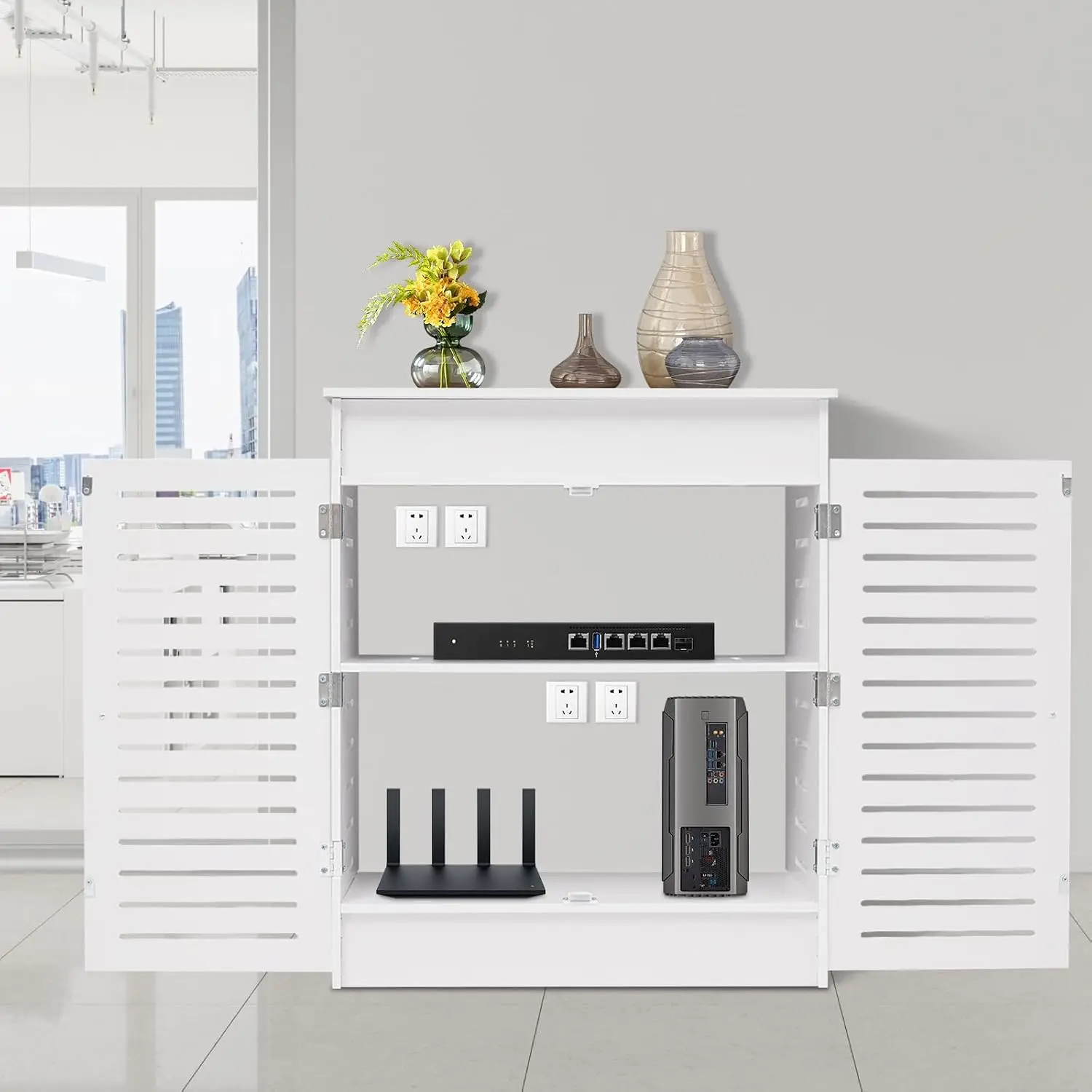 WiFi Router Storage Cabinet, PVC Floor Standing Router Storage Box Hider, Router Modem Cover, Power Strip Cable Management Hider
