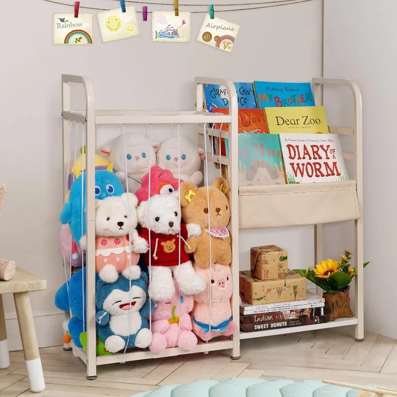 Stuffed Animal Storage with Kids Bookshelf Book and Toy Organizer for Kids 3-Tier Bookshelf Organize Books with Elast