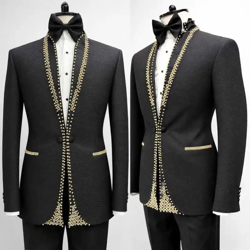 

Customized Wedding Groom Tuxedos 2 Piece Jacket Pants Crystals Shawl Lapel Party Prom Costume Homme Ropa hombre