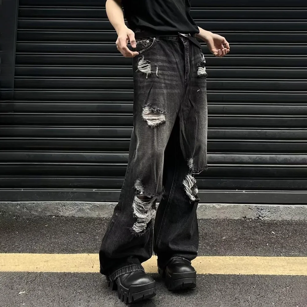 夏のメンズソリッドカラーバギージーンズリッピングアメリカンレトロファッショントレンドヒップホップハイストリートルーズカジュアルシンプルメンズボトムス
