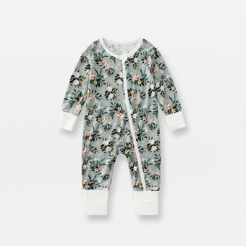 Newborn Bamboo Fiber Soft Jumpsuit Long Sleeve Flower Print Baby Boys Girls Rompers Kids Clothes Climb Suits Zipper Sleepwear