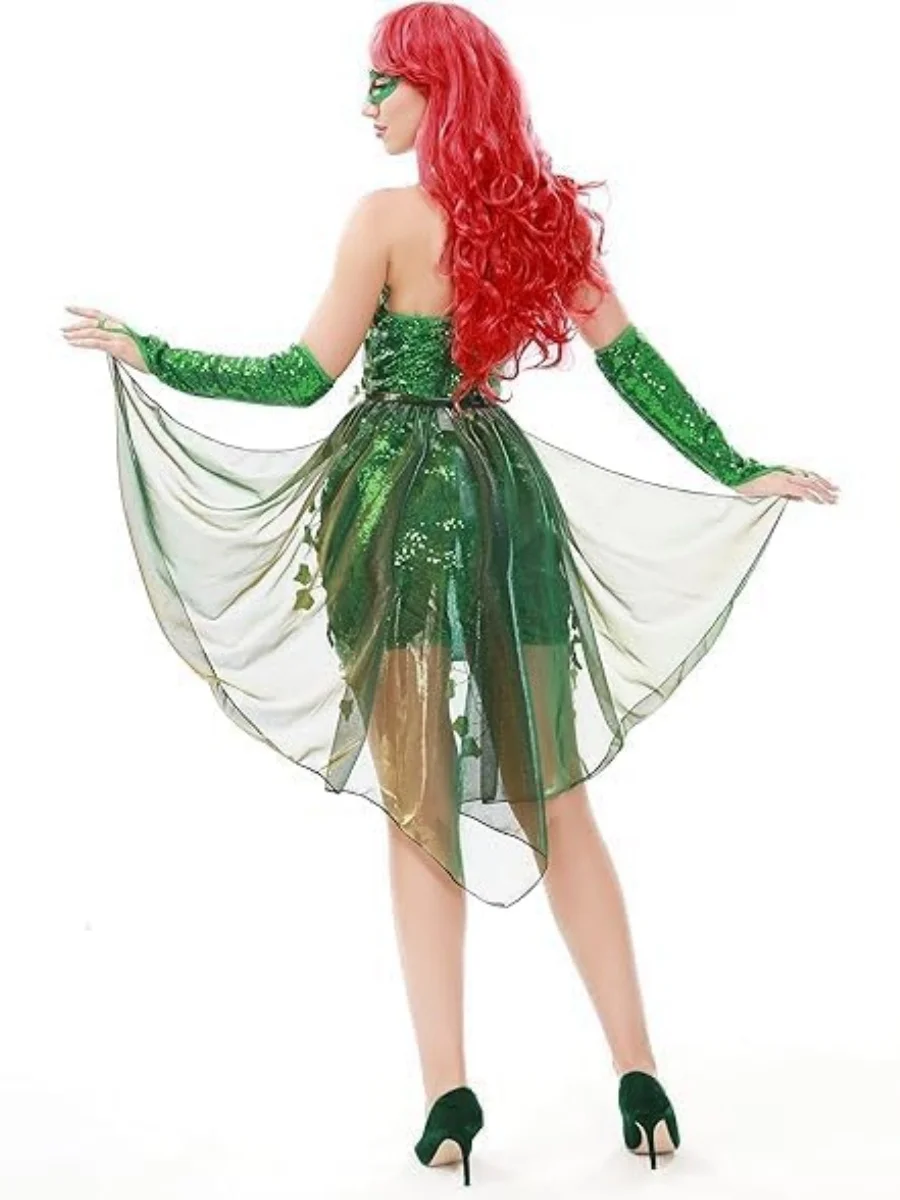 Halloween Leaf Green Poison Ivy Cosplay Costume Cekinowa sukienka bez ramiączek ze spódnicą kopertową i rękawami na ramionach Zestaw okularów